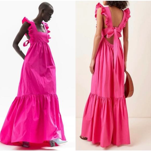 Self-Portrait Fuschia Cotton Poplin Maxi Dress Tiered Ruffle Long Sleeveless 2 - Picture 10 of 14